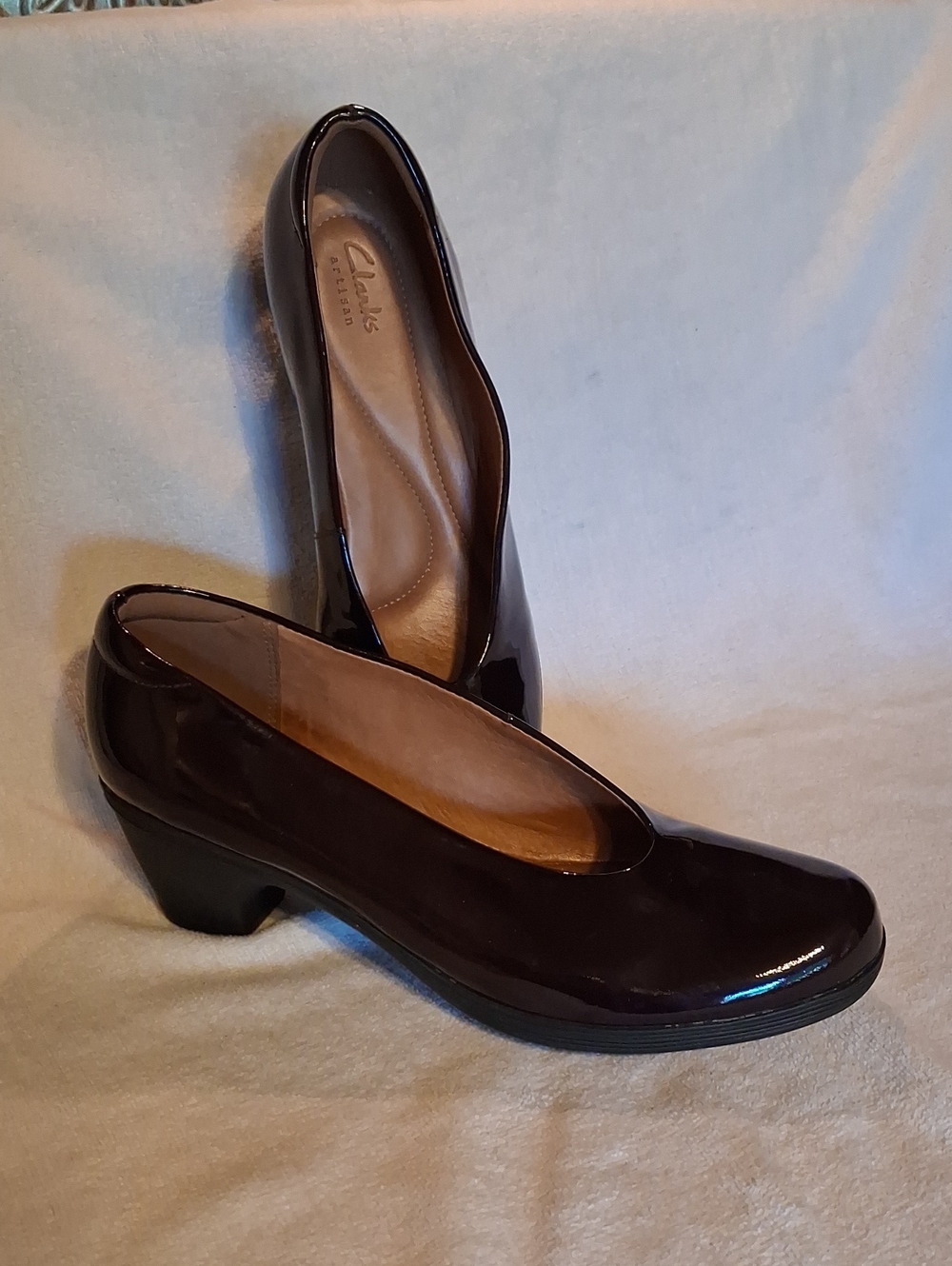 Clarks Women's Dark Brown Patent Low Block Heel Pumps